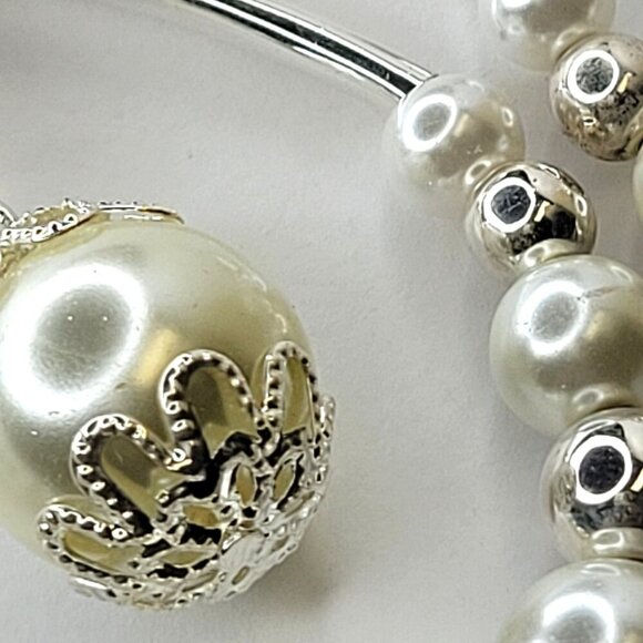 White Pearl with Silver Bead Large Teardrop Earrings Pearl Statement Earrings - Picture 3 of 7